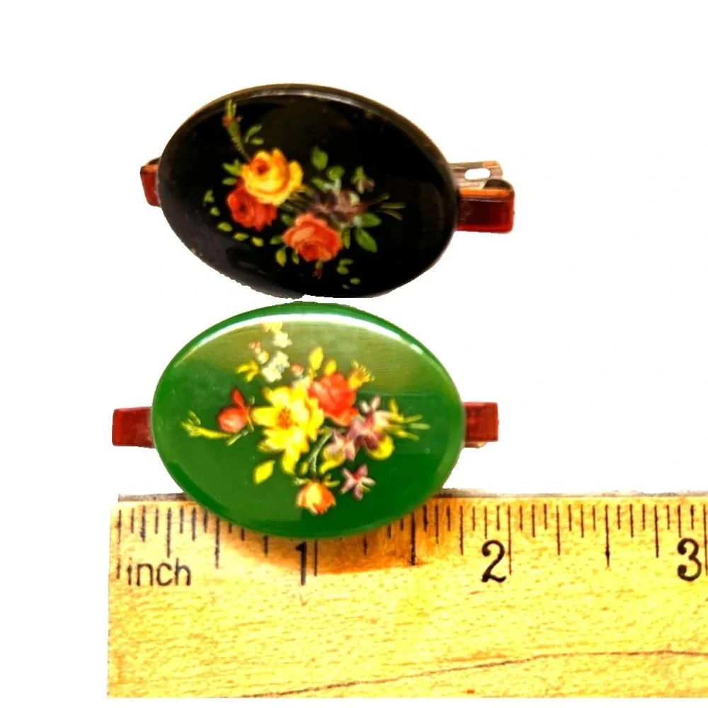 Vintage 1960s Mid Century Floral Oval Retro Hair Clip Barrette Lot 3 Cottagecore